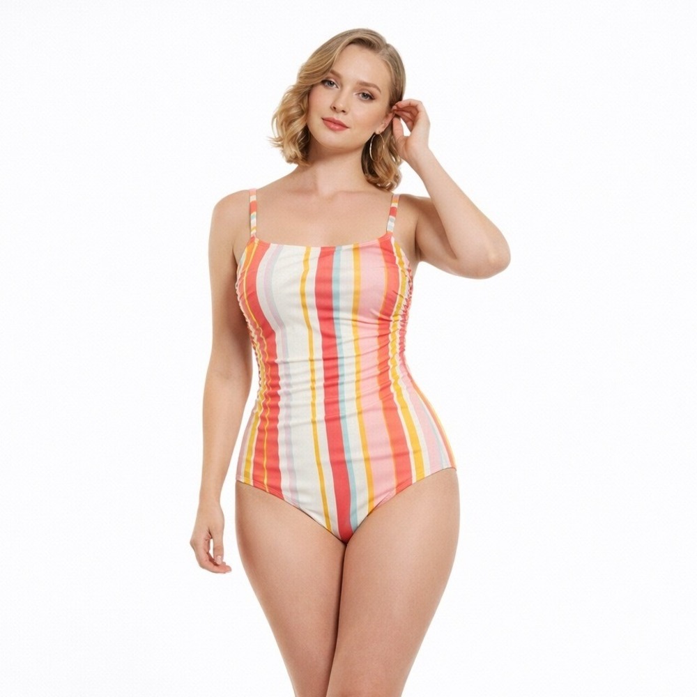 Kona Sol Striped One Piece Swimsuit Ruched Square Neck Spaghetti Straps‎ Size M